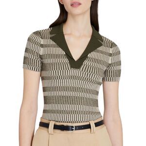 Club Monaco Sweater Tee Green Women Size M Johnny Collar SS Ribbed Stretch Wool